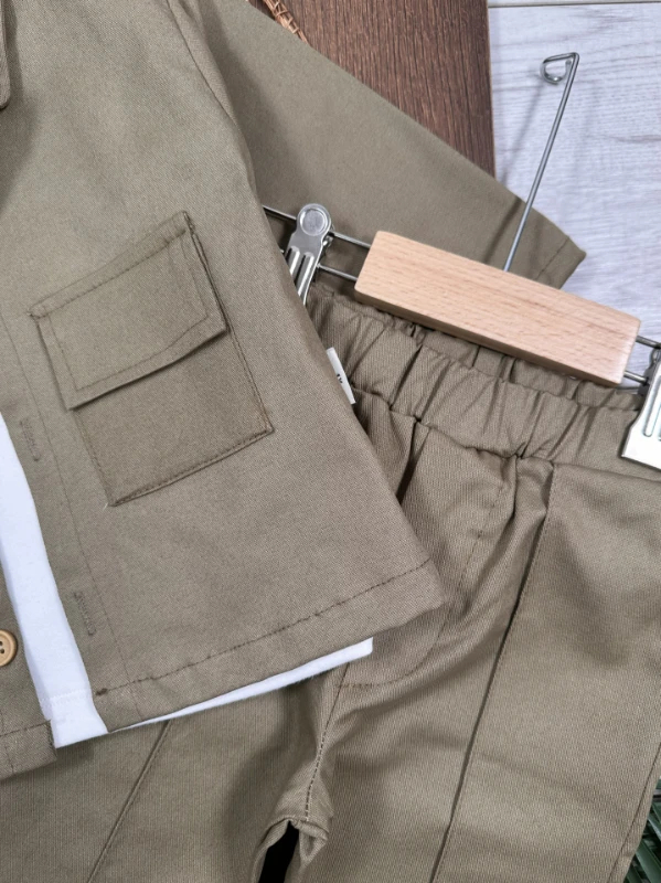 Gabardin Safari Ceket Badili Likralı Mevsimlik 3lü Erkek Bebek ve Çocuk Takım  - YEŞİL