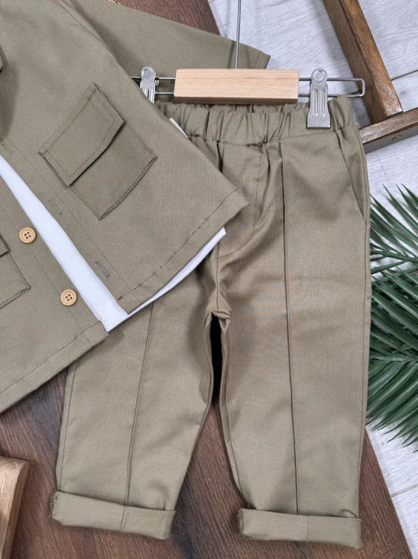 Gabardin Safari Ceket Badili Likralı Mevsimlik 3lü Erkek Bebek ve Çocuk Takım  - YEŞİL