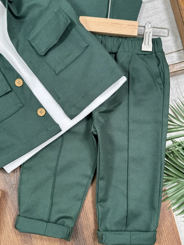 Gabardin Safari Ceket Badili Likralı Mevsimlik 3lü Erkek Bebek ve Çocuk Takım  - YEŞİL