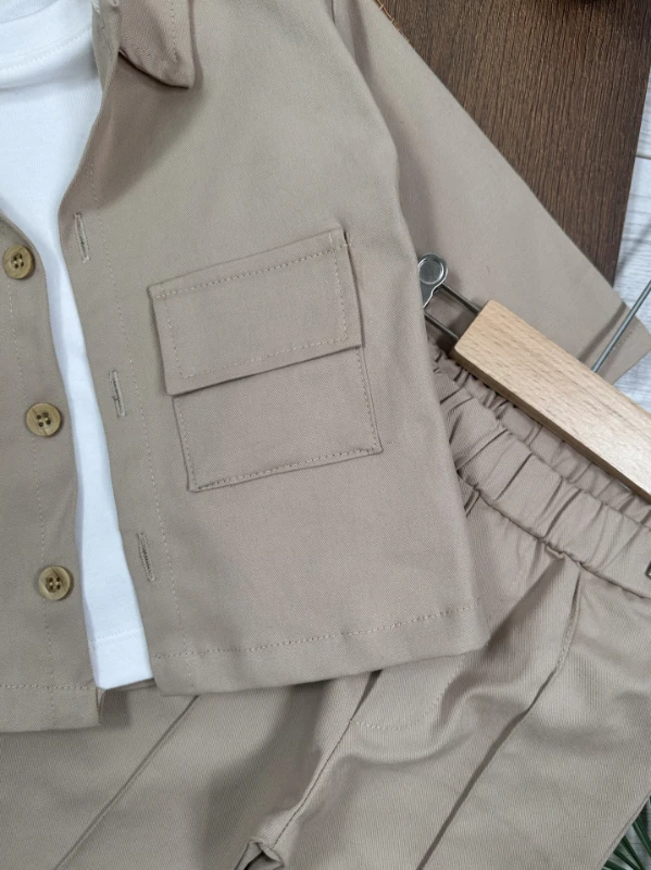 Gabardin Safari Ceket Badili Likralı Mevsimlik 3lü Erkek Bebek ve Çocuk Takım  - YEŞİL