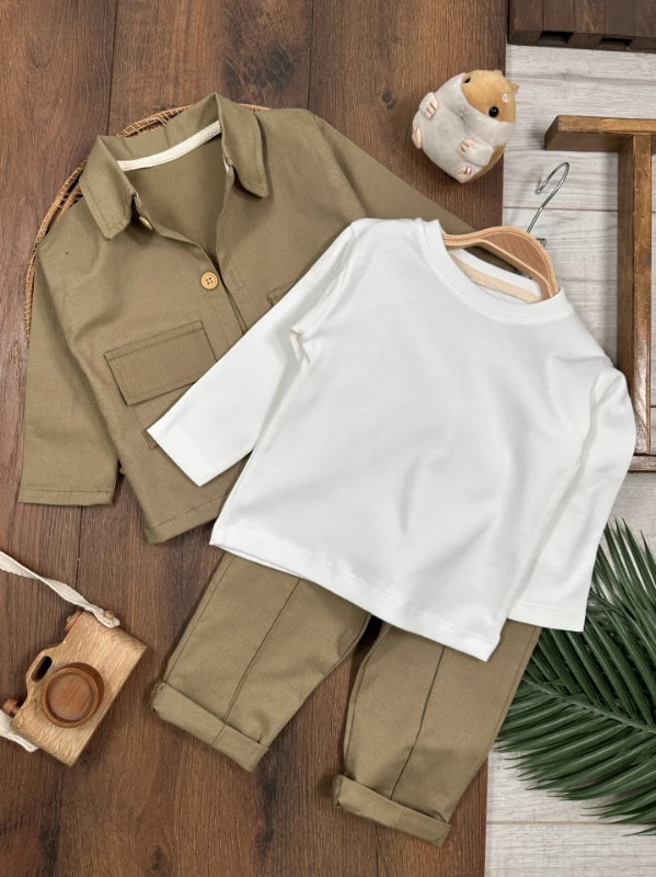 Gabardin Safari Ceket Badili Likralı Mevsimlik 3lü Erkek Bebek ve Çocuk Takım  - YEŞİL