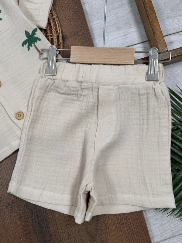 Müslin Palmiye Baskılı Safari Şapkalı Düğmeli Şortlu Yazlık Erkek Bebek/Çocuk Takım - SARI