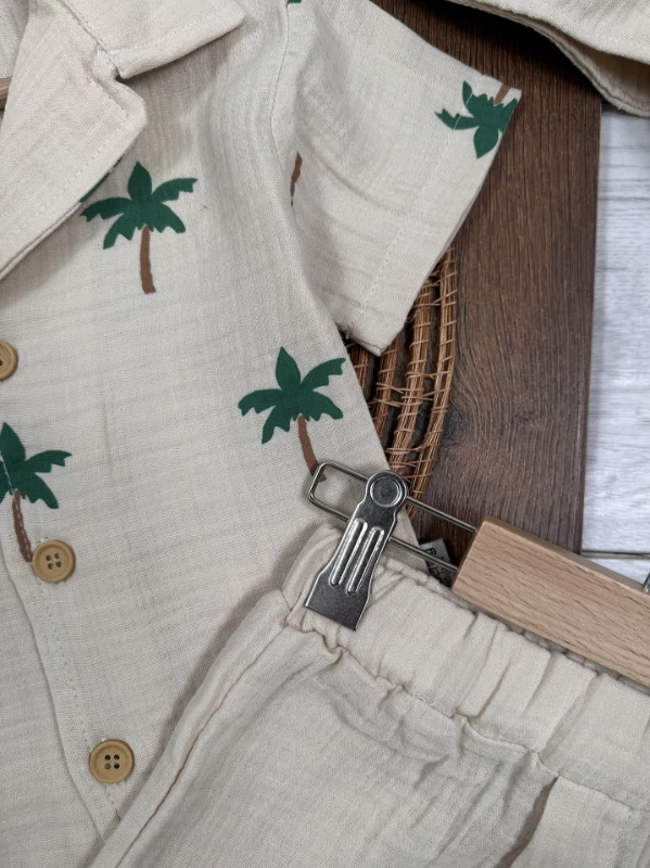 Müslin Palmiye Baskılı Safari Şapkalı Düğmeli Şortlu Yazlık Erkek Bebek/Çocuk Takım - SARI