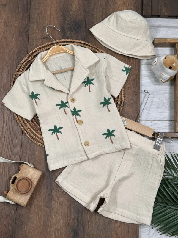 Müslin Palmiye Baskılı Safari Şapkalı Düğmeli Şortlu Yazlık Erkek Bebek/Çocuk Takım - SARI
