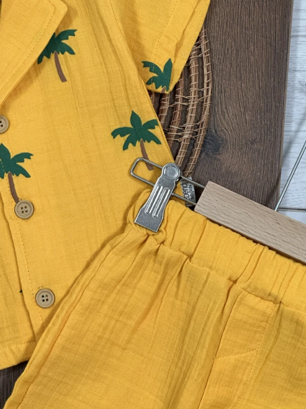 Müslin Palmiye Baskılı Safari Şapkalı Düğmeli Şortlu Yazlık Erkek Bebek/Çocuk Takım - SARI