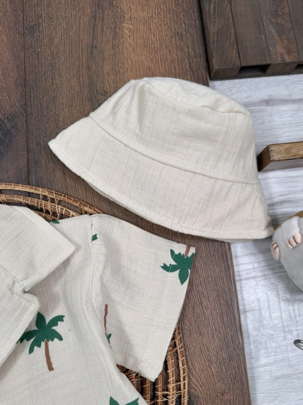 Müslin Palmiye Baskılı Safari Şapkalı Düğmeli Şortlu Yazlık Erkek Bebek/Çocuk Takım - SARI