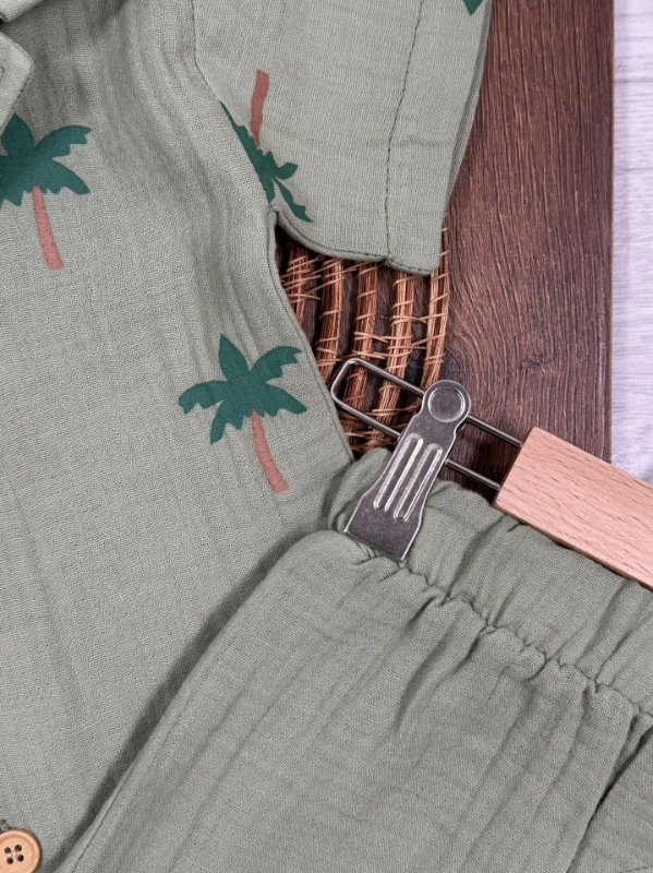 Müslin Palmiye Baskılı Safari Şapkalı Düğmeli Şortlu Yazlık Erkek Bebek/Çocuk Takım - SARI