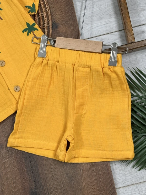 Müslin Palmiye Baskılı Safari Şapkalı Düğmeli Şortlu Yazlık Erkek Bebek/Çocuk Takım - SARI