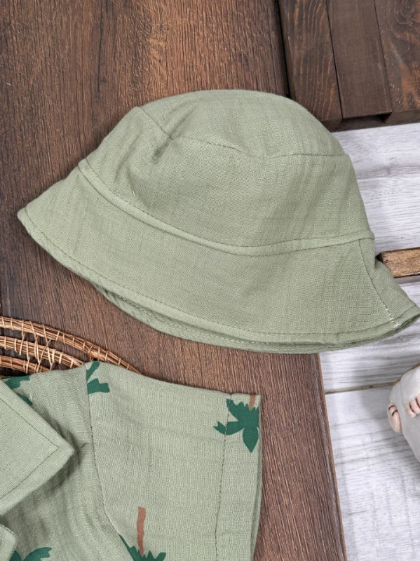 Müslin Palmiye Baskılı Safari Şapkalı Düğmeli Şortlu Yazlık Erkek Bebek/Çocuk Takım - SARI