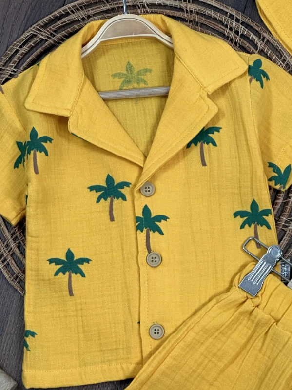 Müslin Palmiye Baskılı Safari Şapkalı Düğmeli Şortlu Yazlık Erkek Bebek/Çocuk Takım - SARI