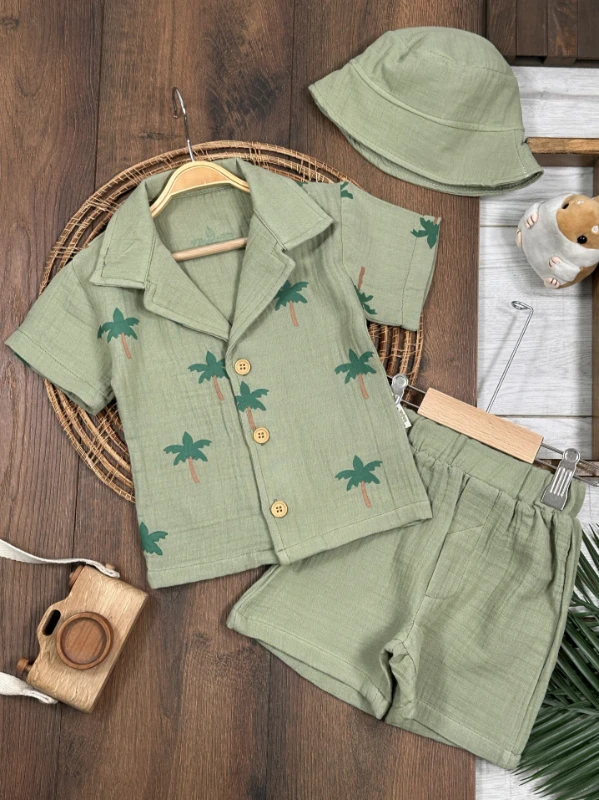 Müslin Palmiye Baskılı Safari Şapkalı Düğmeli Şortlu Yazlık Erkek Bebek/Çocuk Takım - SARI