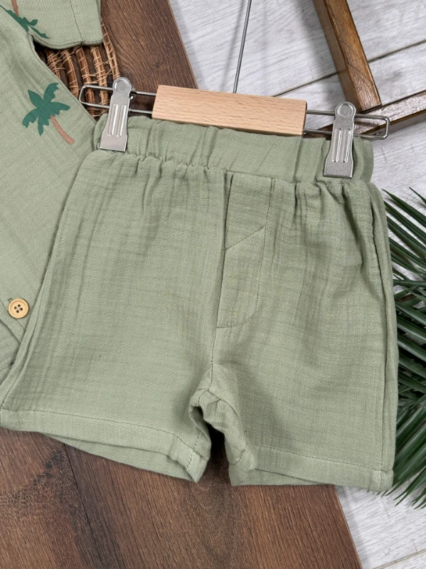 Müslin Palmiye Baskılı Safari Şapkalı Düğmeli Şortlu Yazlık Erkek Bebek/Çocuk Takım - SARI