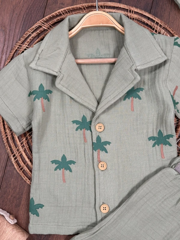 Müslin Palmiye Baskılı Safari Şapkalı Düğmeli Şortlu Yazlık Erkek Bebek/Çocuk Takım - SARI