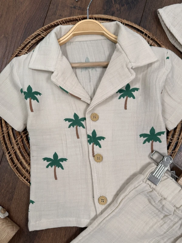 Müslin Palmiye Baskılı Safari Şapkalı Düğmeli Şortlu Yazlık Erkek Bebek/Çocuk Takım - SARI