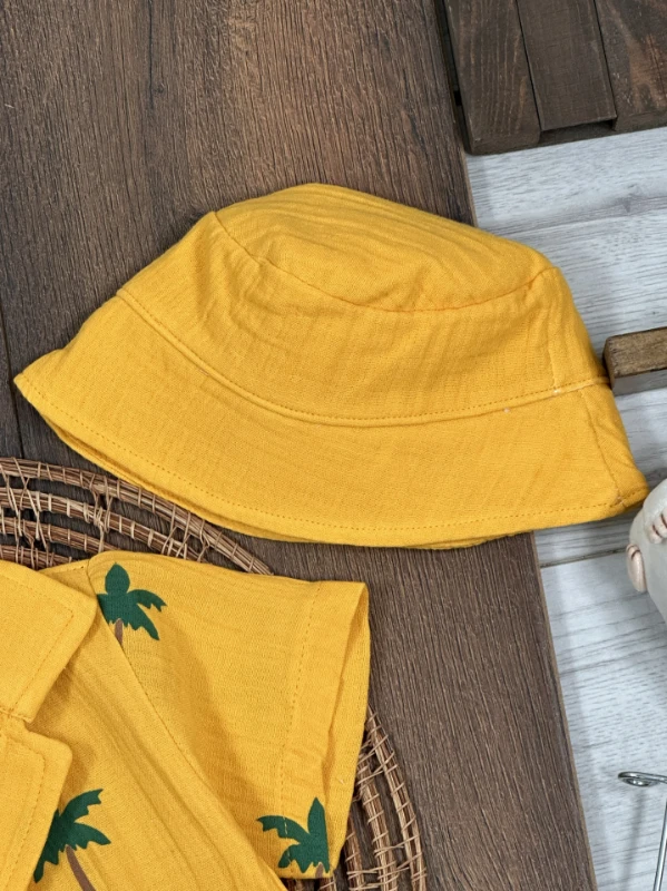 Müslin Palmiye Baskılı Safari Şapkalı Düğmeli Şortlu Yazlık Erkek Bebek/Çocuk Takım - SARI