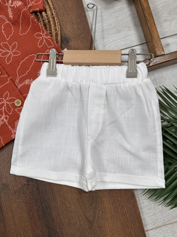 Müslin Hawaii Çiçek Baskılı Safari Şapkalı Düğmeli Şortlu Yazlık Erkek Bebek/Çocuk Takım - KİREMİT