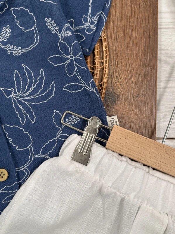 Müslin Hawaii Çiçek Baskılı Safari Şapkalı Düğmeli Şortlu Yazlık Erkek Bebek/Çocuk Takım - KİREMİT