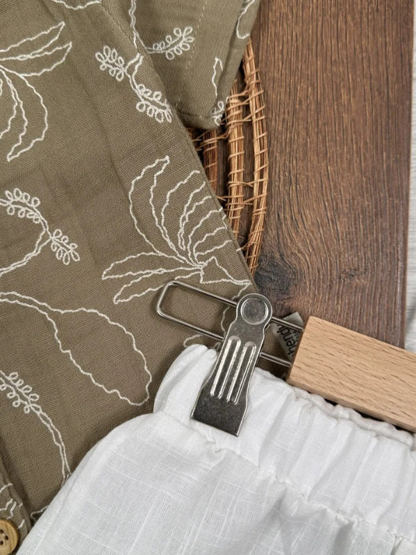 Müslin Hawaii Çiçek Baskılı Safari Şapkalı Düğmeli Şortlu Yazlık Erkek Bebek/Çocuk Takım - KİREMİT