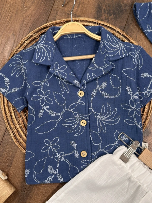 Müslin Hawaii Çiçek Baskılı Safari Şapkalı Düğmeli Şortlu Yazlık Erkek Bebek/Çocuk Takım - KİREMİT