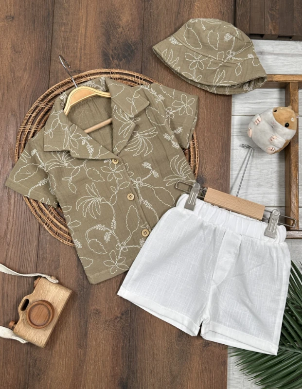 Müslin Hawaii Çiçek Baskılı Safari Şapkalı Düğmeli Şortlu Yazlık Erkek Bebek/Çocuk Takım - KİREMİT
