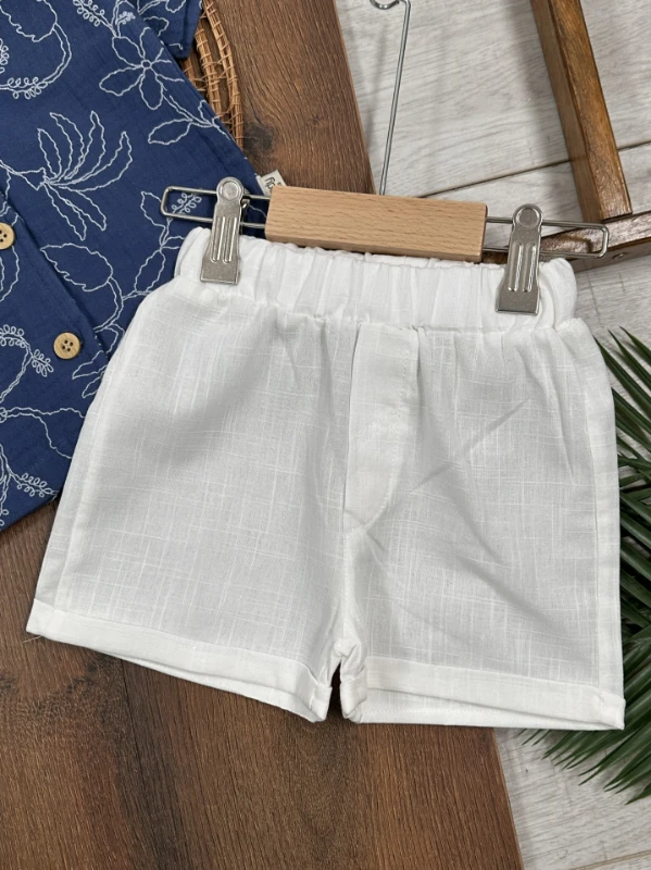 Müslin Hawaii Çiçek Baskılı Safari Şapkalı Düğmeli Şortlu Yazlık Erkek Bebek/Çocuk Takım - KİREMİT