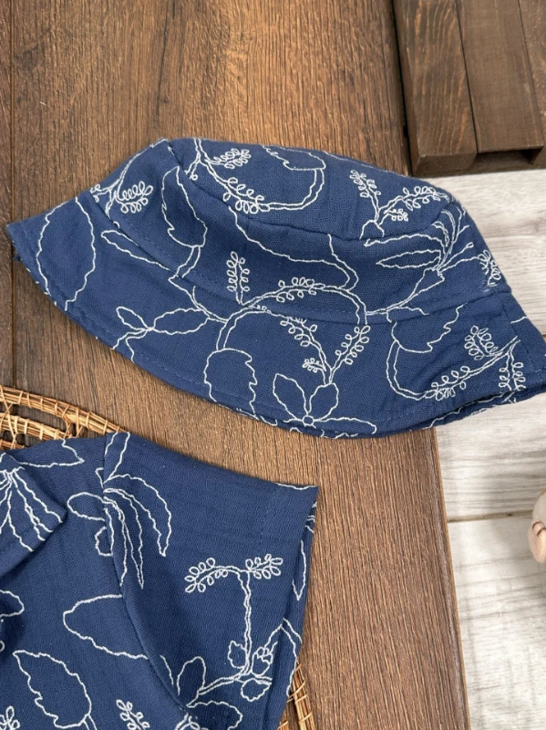 Müslin Hawaii Çiçek Baskılı Safari Şapkalı Düğmeli Şortlu Yazlık Erkek Bebek/Çocuk Takım - KİREMİT