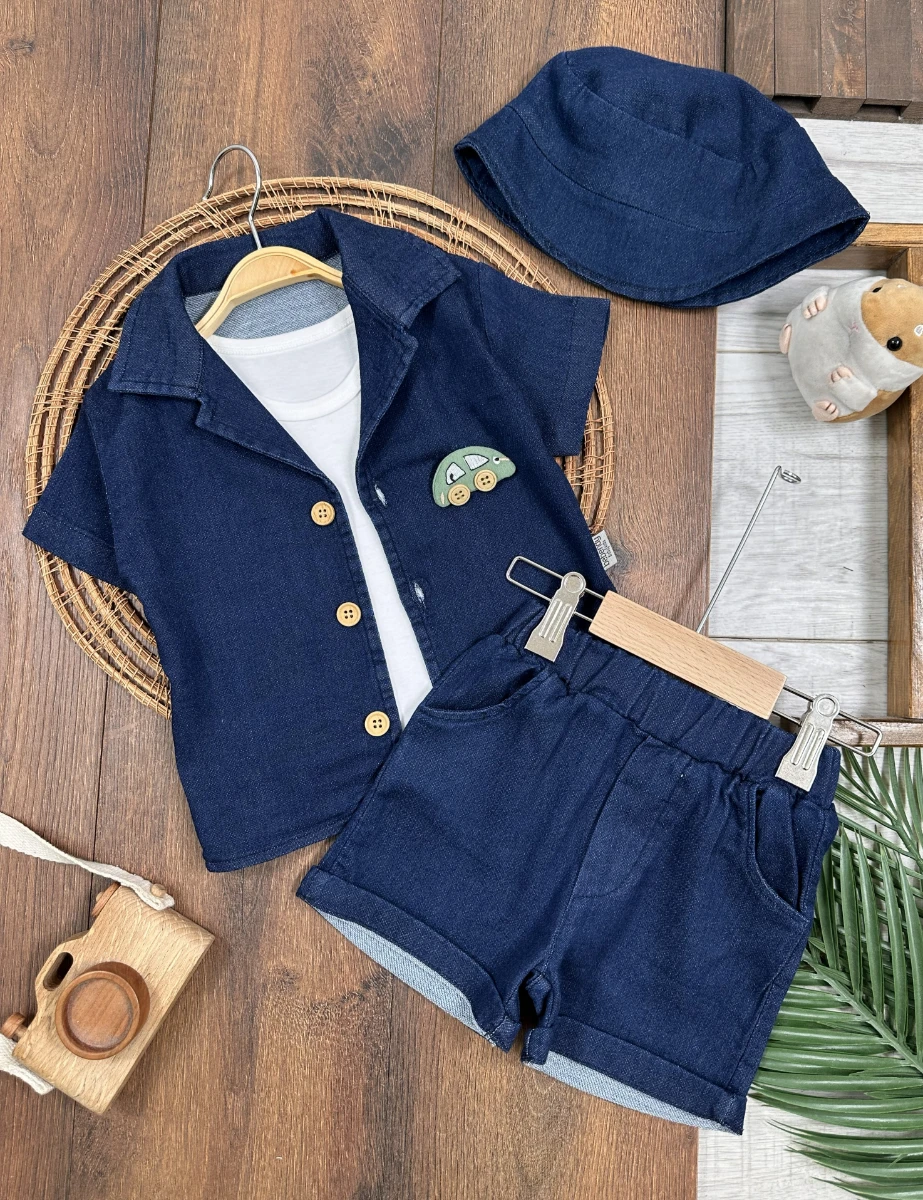 Kot Likralı Şapkalı Araba Oyuncaklı Atlet Badili 4lü Yazlık Erkek Bebek-Çocuk Takım - LACİVERT