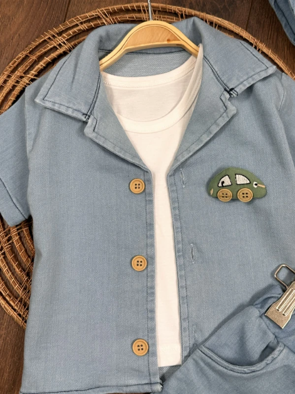 Kot Likralı Şapkalı Araba Oyuncaklı Atlet Badili 4lü Yazlık Erkek Bebek-Çocuk Takım - MAVİ