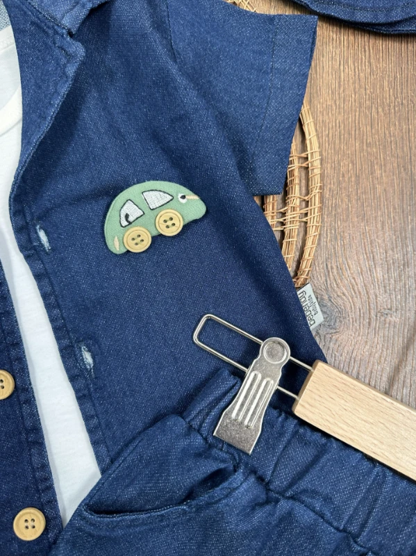 Kot Likralı Şapkalı Araba Oyuncaklı Atlet Badili 4lü Yazlık Erkek Bebek-Çocuk Takım - MAVİ