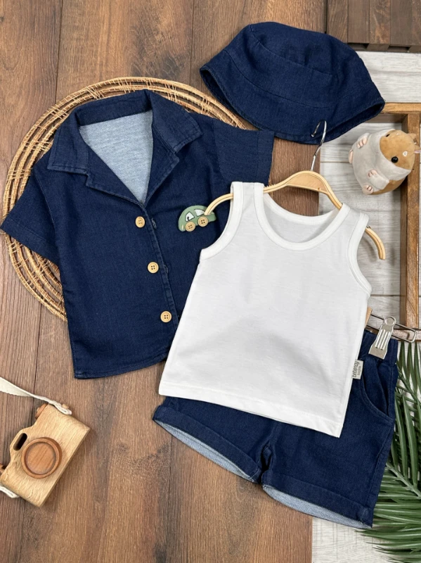 Kot Likralı Şapkalı Araba Oyuncaklı Atlet Badili 4lü Yazlık Erkek Bebek-Çocuk Takım - MAVİ