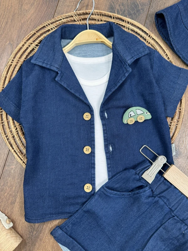 Kot Likralı Şapkalı Araba Oyuncaklı Atlet Badili 4lü Yazlık Erkek Bebek-Çocuk Takım - MAVİ