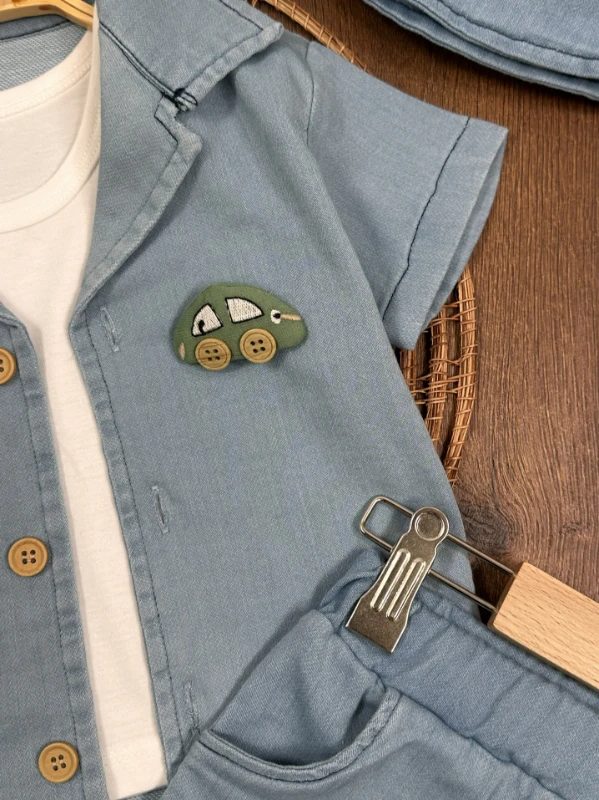 Kot Likralı Şapkalı Araba Oyuncaklı Atlet Badili 4lü Yazlık Erkek Bebek-Çocuk Takım - MAVİ