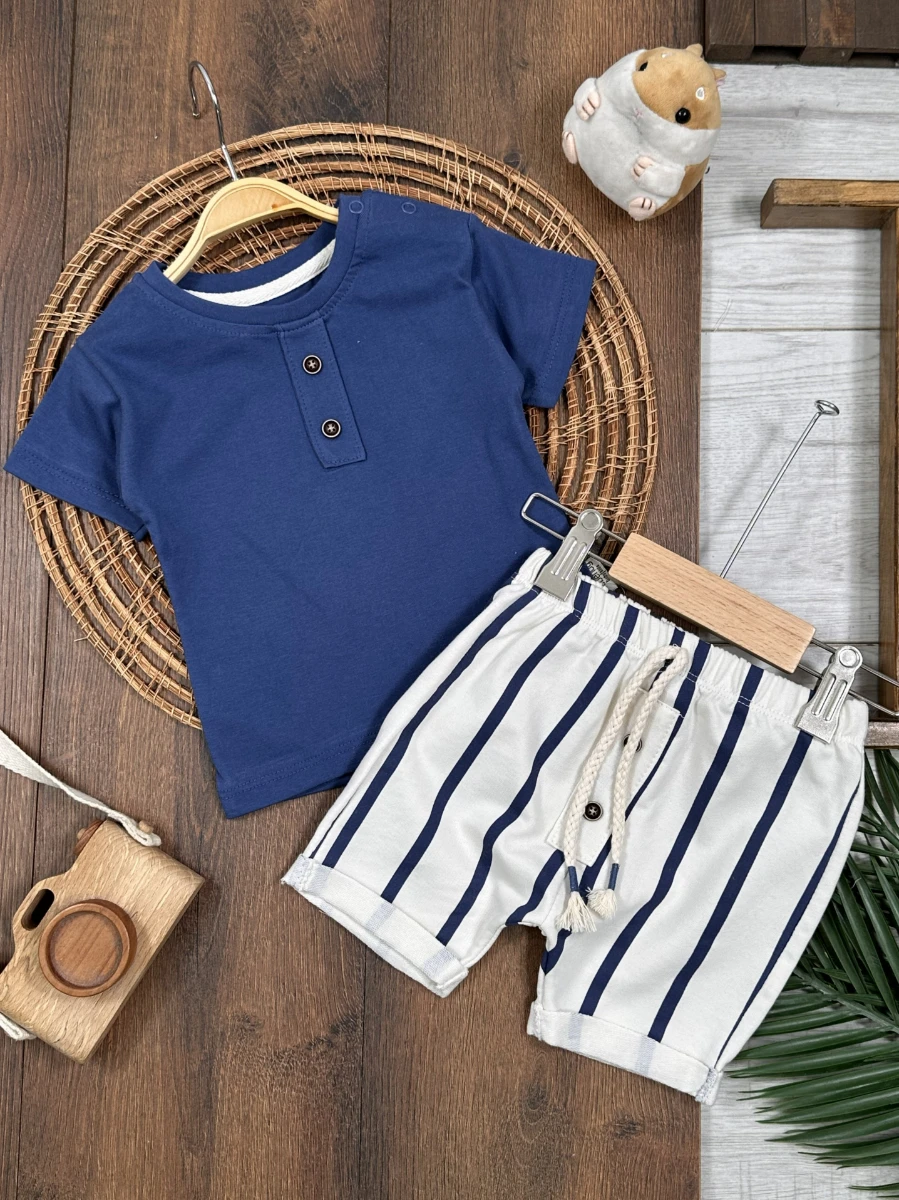 Çizgili Düğme Detaylı Omuzdan Çıtçıtlı Yazlık Erkek Bebek Takım - LACİVERT
