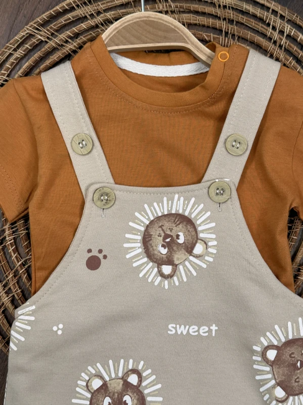 Ayıcık Baskılı Safari Şapkalı Omuzdan Çıtçıtlı Badi Yazlık Erkek Bebek Salopet Takım - TARÇIN