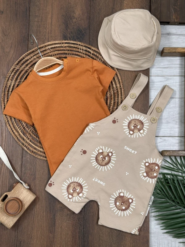 Ayıcık Baskılı Safari Şapkalı Omuzdan Çıtçıtlı Badi Yazlık Erkek Bebek Salopet Takım - TARÇIN