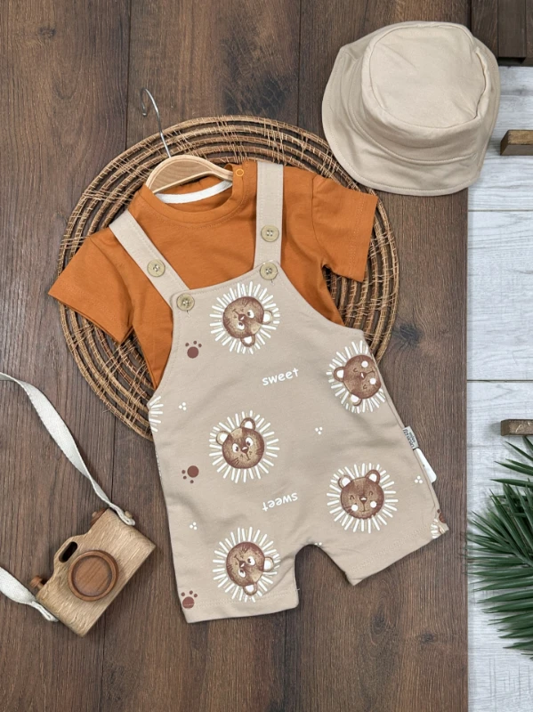 Ayıcık Baskılı Safari Şapkalı Omuzdan Çıtçıtlı Badi Yazlık Erkek Bebek Salopet Takım - TARÇIN