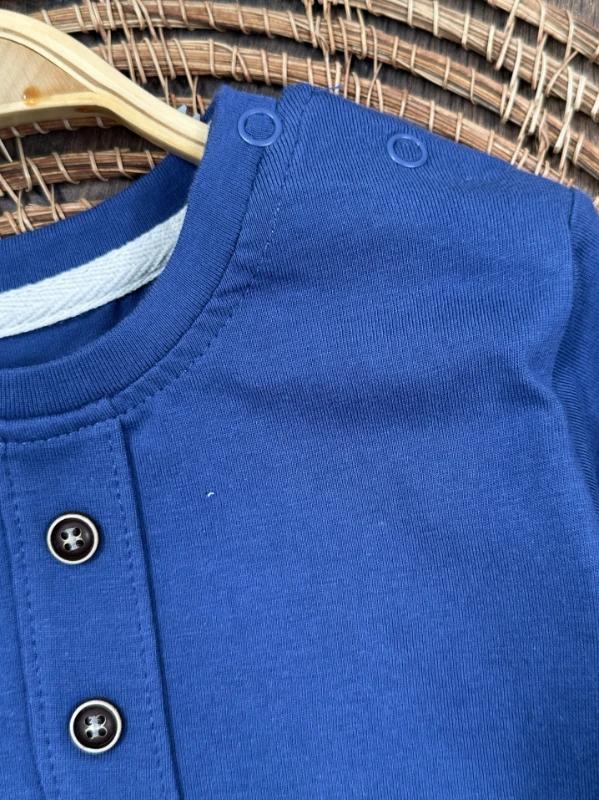 Çizgili Düğme Detaylı Omuzdan Çıtçıtlı Yazlık Erkek Bebek Takım - LACİVERT