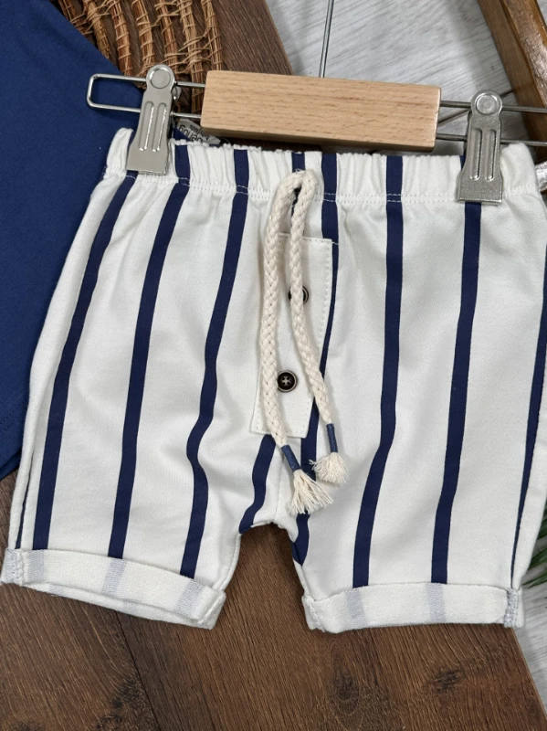 Çizgili Düğme Detaylı Omuzdan Çıtçıtlı Yazlık Erkek Bebek Takım - LACİVERT