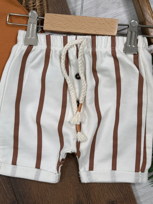 Çizgili Düğme Detaylı Omuzdan Çıtçıtlı Yazlık Erkek Bebek Takım - LACİVERT