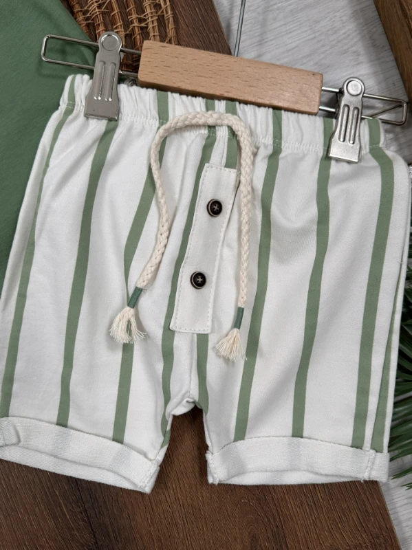 Çizgili Düğme Detaylı Omuzdan Çıtçıtlı Yazlık Erkek Bebek Takım - LACİVERT