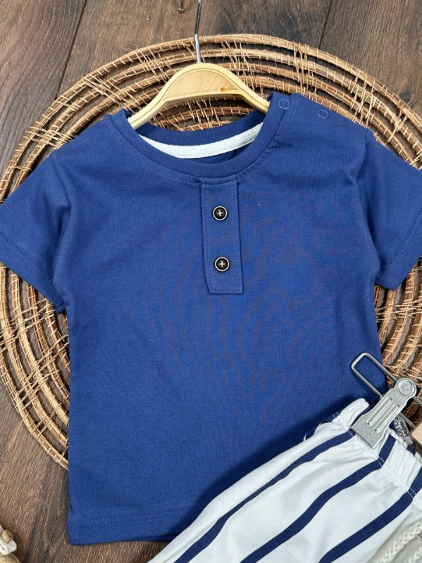 Çizgili Düğme Detaylı Omuzdan Çıtçıtlı Yazlık Erkek Bebek Takım - LACİVERT