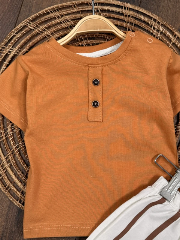 Çizgili Düğme Detaylı Omuzdan Çıtçıtlı Yazlık Erkek Bebek Takım - LACİVERT