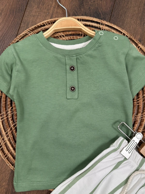 Çizgili Düğme Detaylı Omuzdan Çıtçıtlı Yazlık Erkek Bebek Takım - LACİVERT