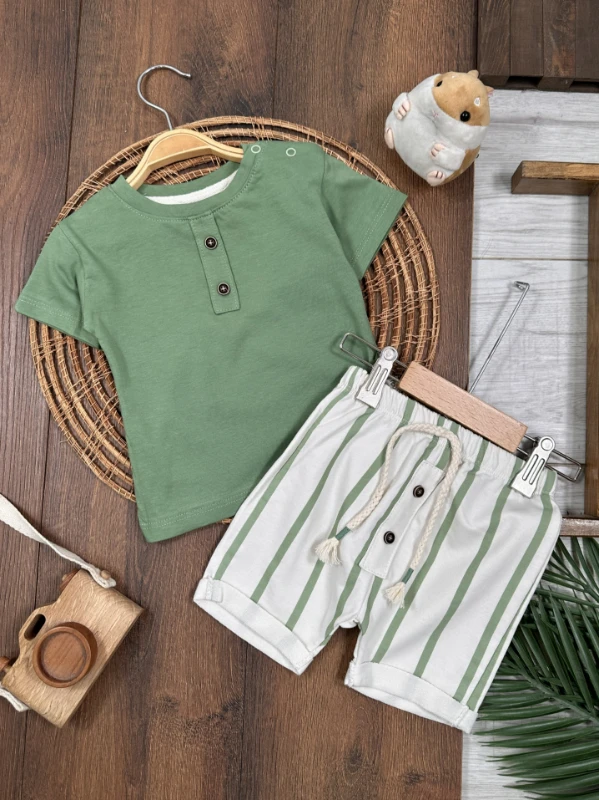 Çizgili Düğme Detaylı Omuzdan Çıtçıtlı Yazlık Erkek Bebek Takım - LACİVERT