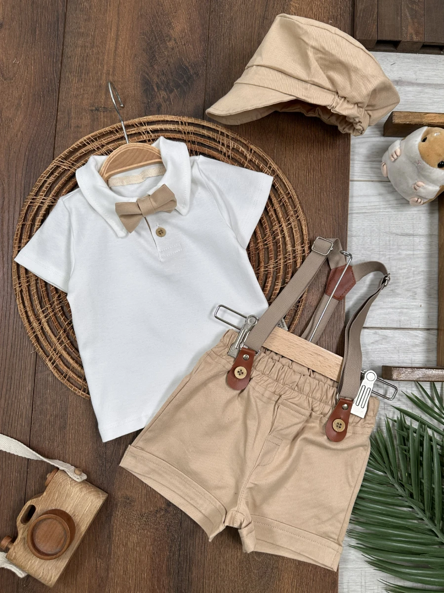 Askı Kemerli Kasket Şapkalı Papyonlu Şortlu Polo Yaka Yazlık Erkek Bebek Takım - BEJ