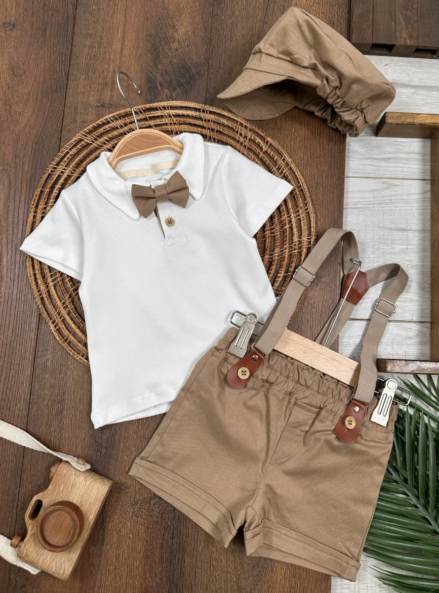 Askı Kemerli Kasket Şapkalı Papyonlu Şortlu Polo Yaka Yazlık Erkek Bebek Takım - SÜTLÜ KAHVE