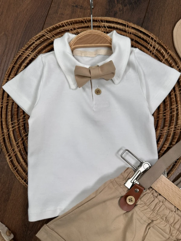 Askı Kemerli Kasket Şapkalı Papyonlu Şortlu Polo Yaka Yazlık Erkek Bebek Takım - SÜTLÜ KAHVE