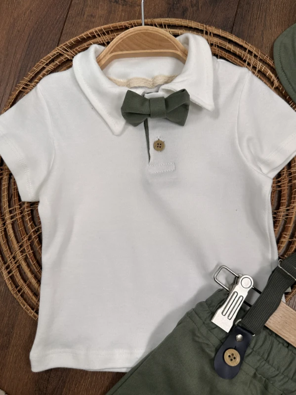 Askı Kemerli Kasket Şapkalı Papyonlu Şortlu Polo Yaka Yazlık Erkek Bebek Takım - SÜTLÜ KAHVE