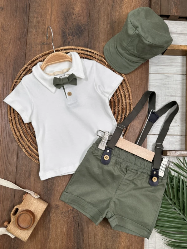 Askı Kemerli Kasket Şapkalı Papyonlu Şortlu Polo Yaka Yazlık Erkek Bebek Takım - SÜTLÜ KAHVE