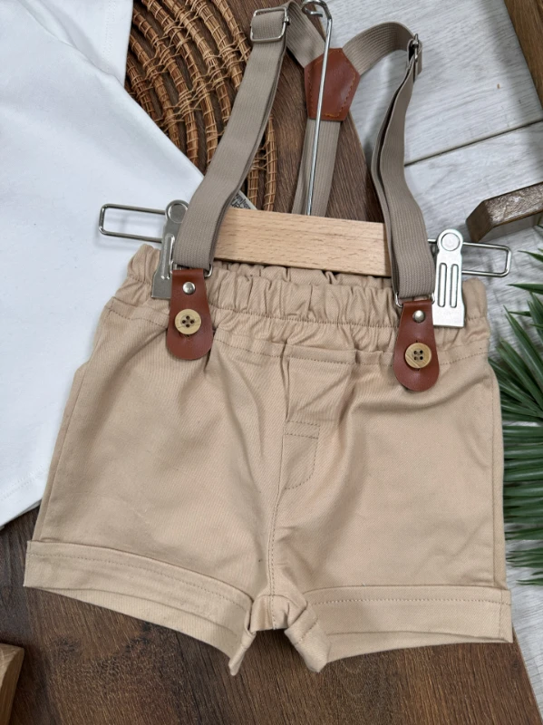 Askı Kemerli Kasket Şapkalı Papyonlu Şortlu Polo Yaka Yazlık Erkek Bebek Takım - SÜTLÜ KAHVE